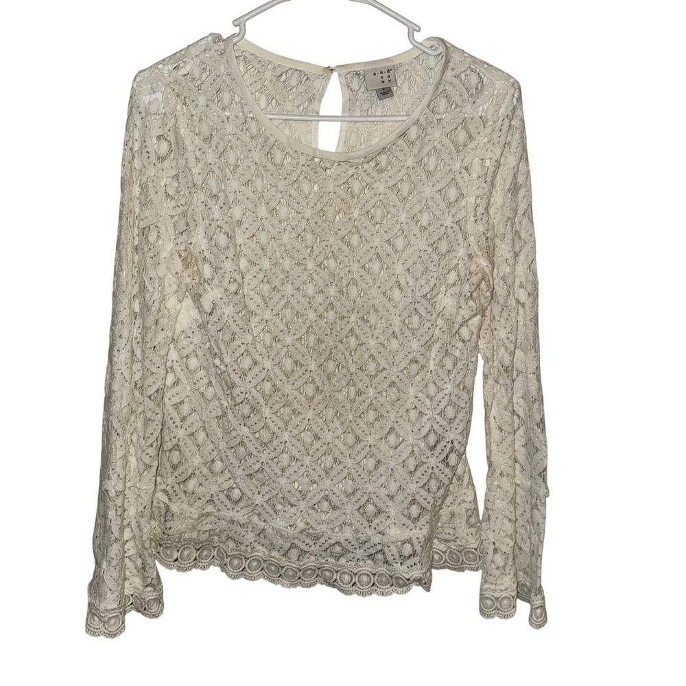 A New Day Cream Lace Long Sleeve Blouse Geometric Floral Scalloped Top Small